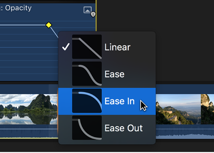 Opciones de la forma de curva en un menú de función rápida del editor de animación de vídeo