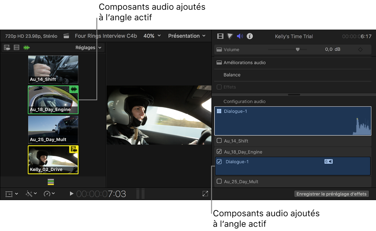 Composants audio ajoutés affichés en surbrillance dans le visualiseur d’angle et l’inspecteur audio