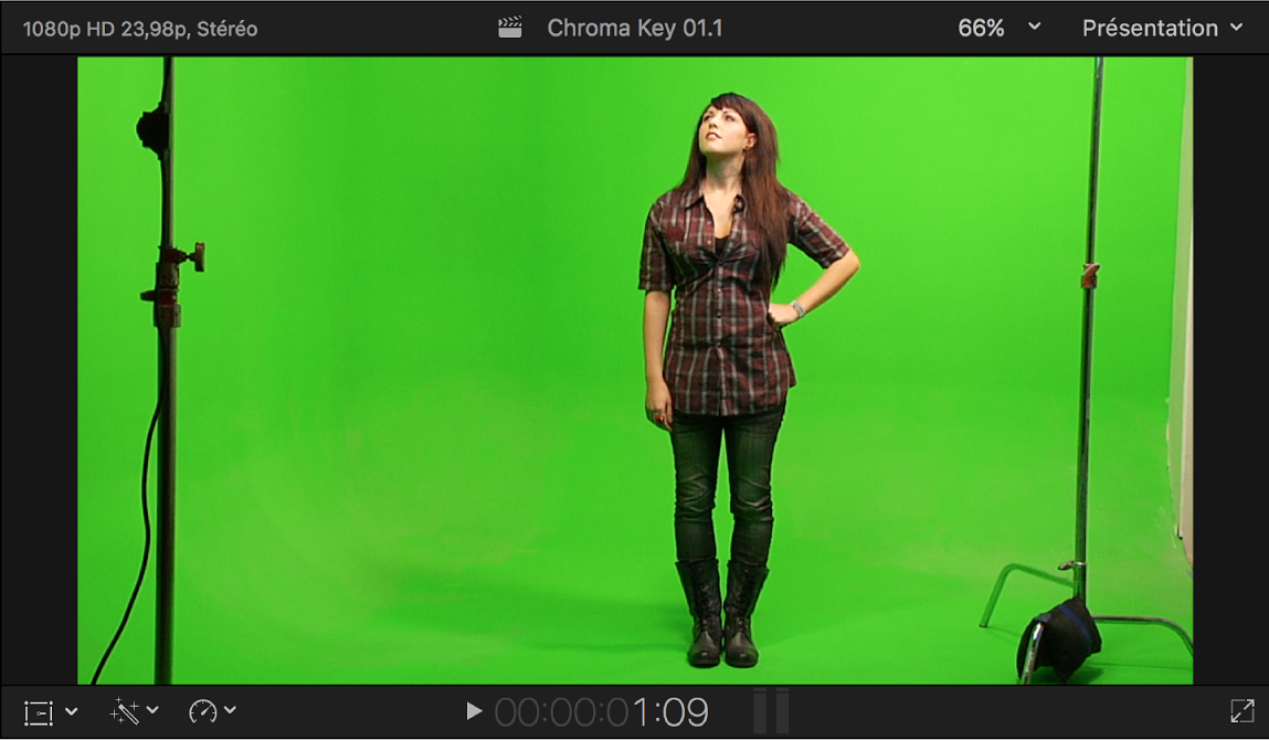 Visualiseur affichant la vidéo de premier plan à incruster en chrominance avec l’image d’une personne se tenant devant un fond vert