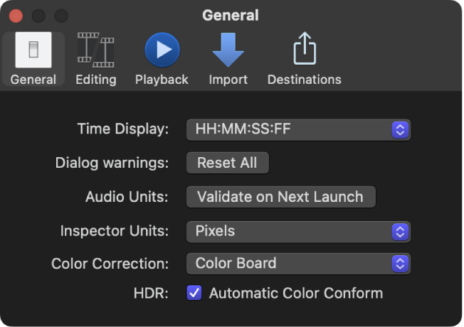 Final Cut Pro設定ウインドウの「一般」パネル