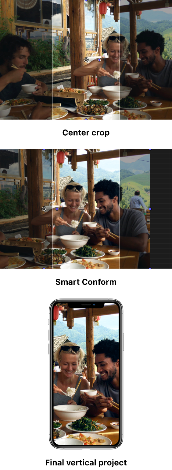 첫 번째 예시에서는 세로형 프로젝트에서 기본 중앙 자르기가 설정되어 주요 관심 영역인 프레임 오른쪽의 두 사람이 캡처되지 않은 가로형 클립을 보여줍니다. 두 번째 예시에서는 스마트 일치를 사용하여 동일한 이미지를 재구성한 후 오른쪽에 두 사람만 캡처된 결과를 보여줍니다. 세 번째 예시는 iPhone 화면의 최종 세로형 프로젝트에서 재구성된 이미지를 보여줍니다.
