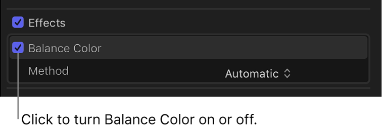 显示“平衡颜色”复选框和颜色平衡分析状态的视频检查器的“效果”部分