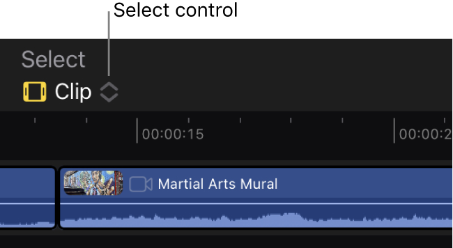 Das Steuerelement „Auswählen“ oben links in der Timeline mit der Einstellung „Clip“ für den Auswahlmodus.