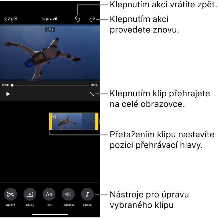Upravovaný kouzelný film; v prohlížeči je vidět náhled klipu. U dolního okraje obrazovky jsou vidět tlačítka pro úpravu klipu.