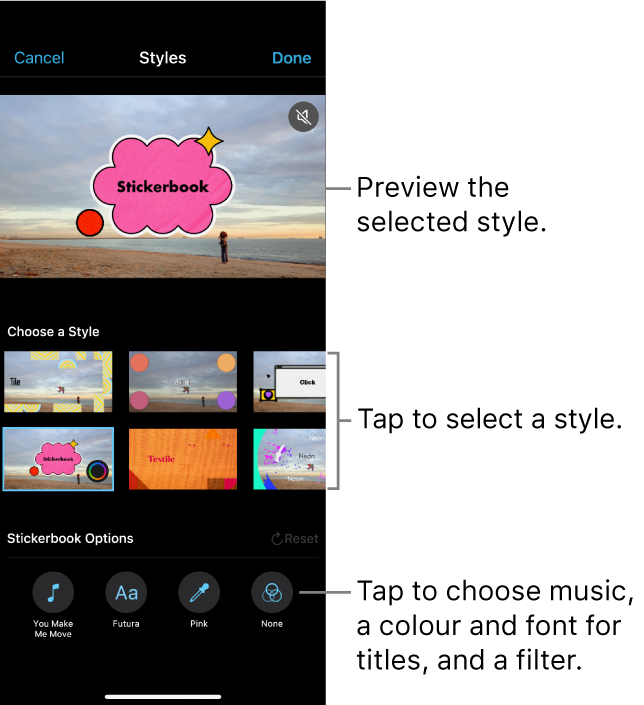 Change the style of a Magic Movie or storyboard project in iMovie on iPhone  – Apple Support (MY)