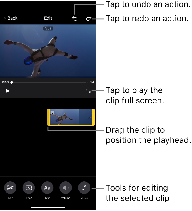A clip in a Magic Movie project being edited, with the viewer showing a preview of the clip. At the bottom of the screen are buttons for editing the clip.