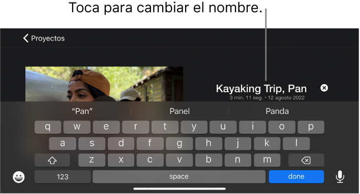 El título de un proyecto en proceso de edición, el teclado se muestra abajo.