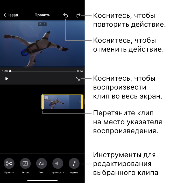 Клип в редактируемом проекте Волшебного фильма с окном просмотра, в котором показан предпросмотр клипа. Внизу экрана находятся кнопки для редактирования клипа.