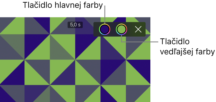 Zobrazovač so zelenomodrým vzorovaným pozadím a tlačidlami primárnej a sekundárnej farby vpravo hore.