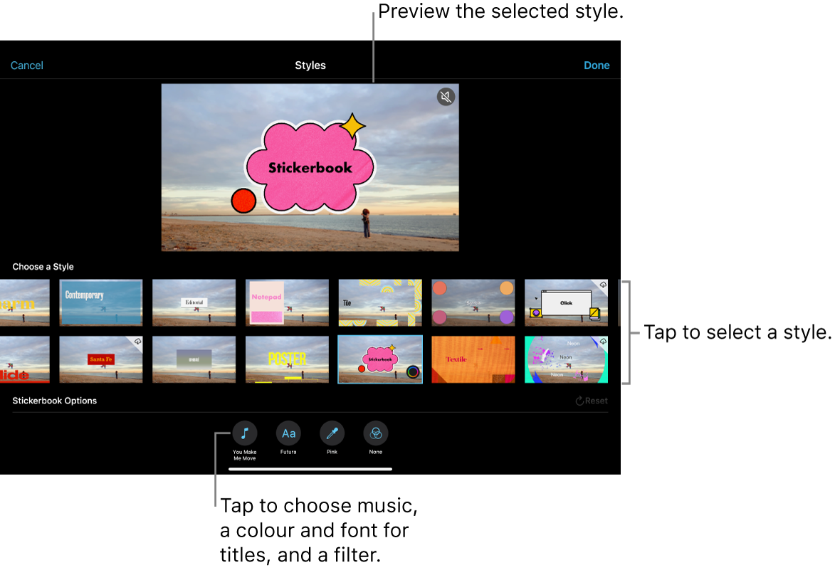 The viewer showing a preview of a selected style, with style options below. Buttons for adding music, selecting a colour and font for titles and adding a filter are at the bottom of the screen.