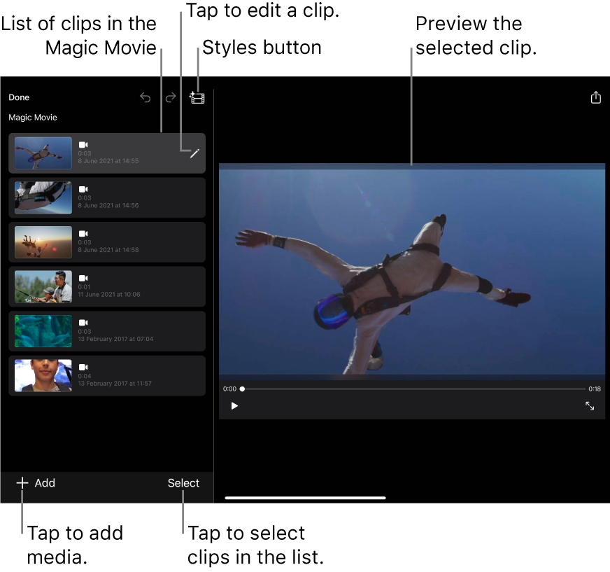 Add titles and audio to Magic Movie and storyboard clips in iMovie