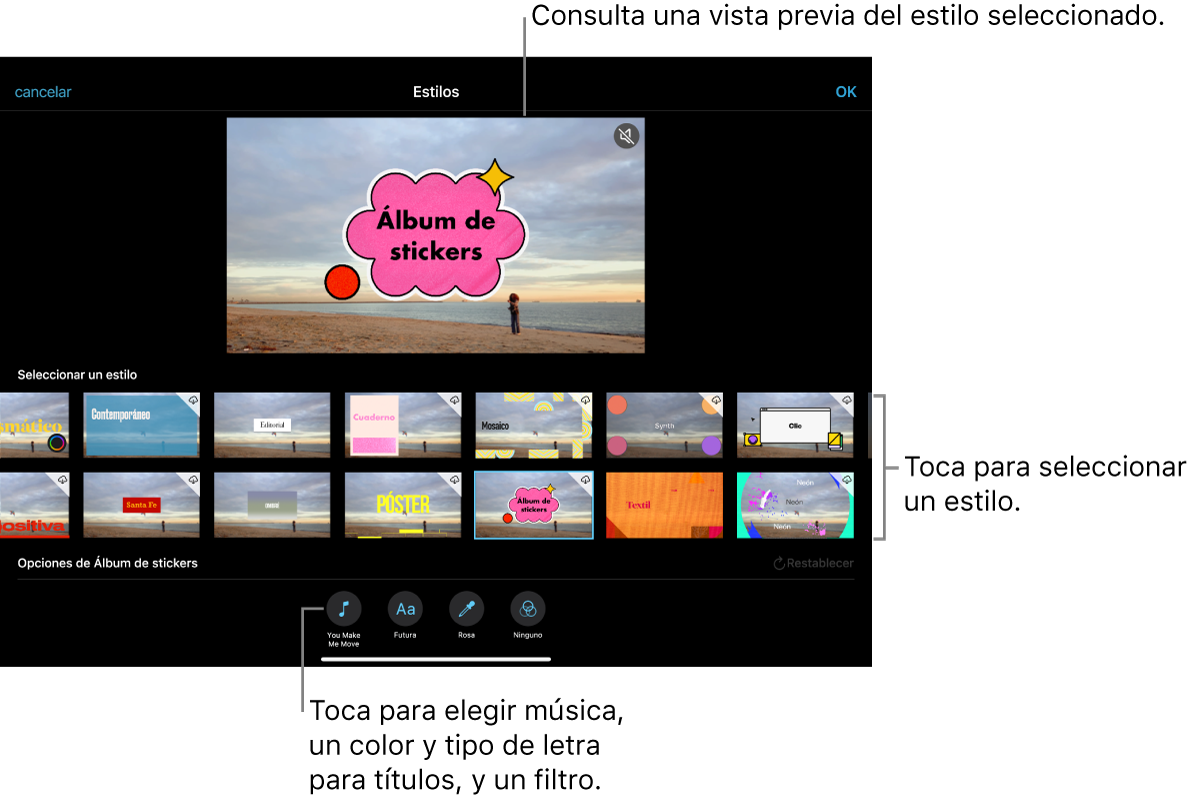 El visor mostrando una vista previa de un estilo seleccionado con opciones de estilo en la parte inferior. Los botones para agregar música, aplicar un filtro y seleccionar el color y tipo de letra de los títulos se encuentran en la parte inferior de la pantalla.