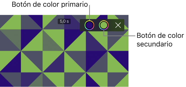 Visor con un fondo con un patrón de color verde y azul, que muestra los botones para los colores primarios y secundarios en la parte superior derecha.