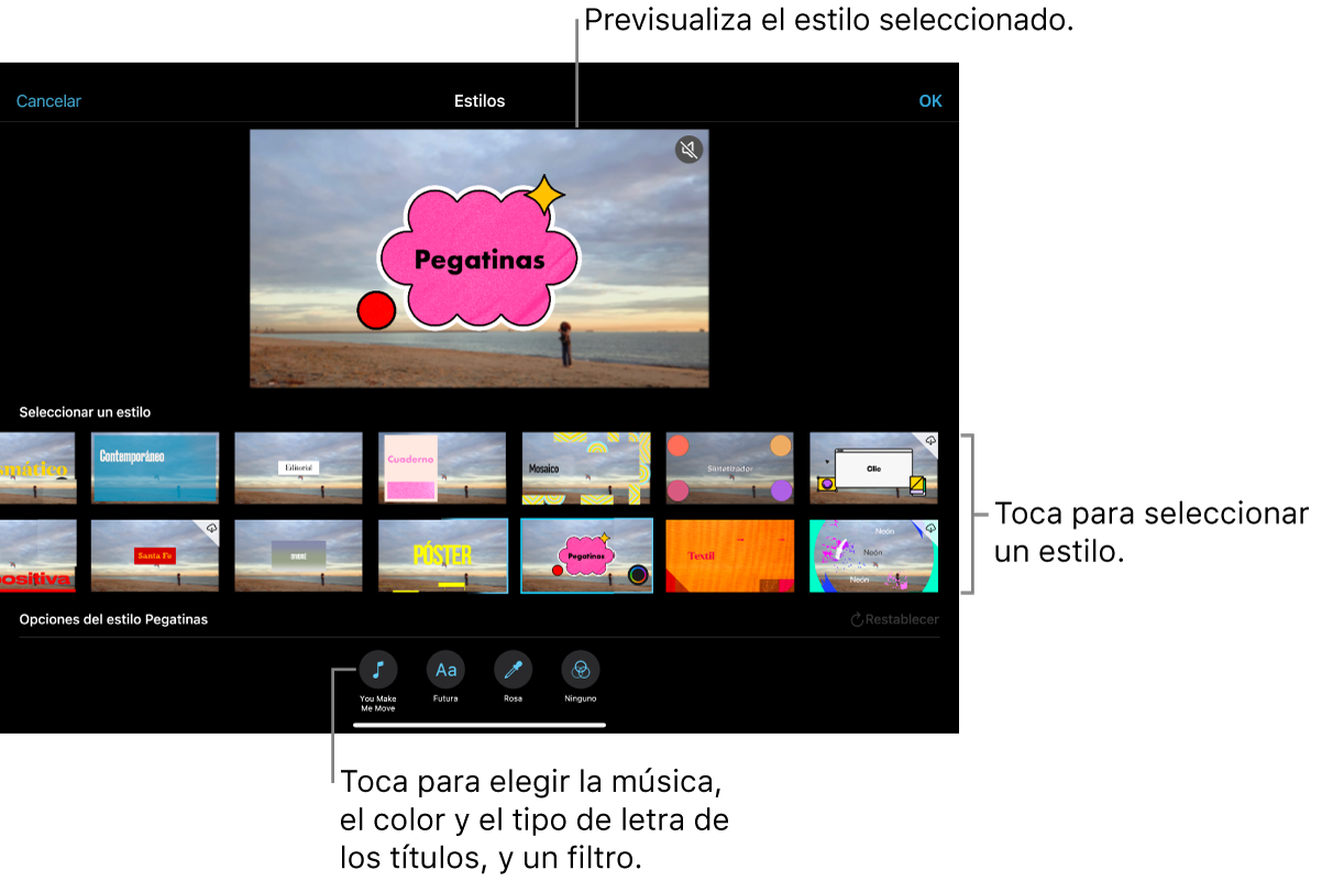 El visor muestra una previsualización de un estilo seleccionado con las opciones de estilo debajo. Los botones para añadir música, seleccionar el color y el tipo de letra de los títulos, y aplicar filtros aparecen en la parte inferior de la pantalla.