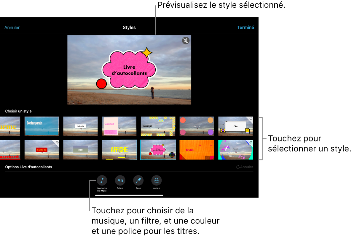 Le visualiseur affichant un aperçu d’un style sélectionné, avec des options de style en dessous. Des boutons pour ajouter de la musique, sélectionner une couleur et une police pour les titres et ajouter un filtre se trouvent en bas de l’écran.