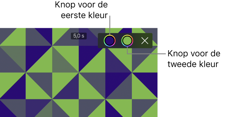 Het weergavevenster met daarin een achtergrond met een groen-blauw patroon en knoppen voor de eerste en de tweede kleur in de rechterbovenhoek.
