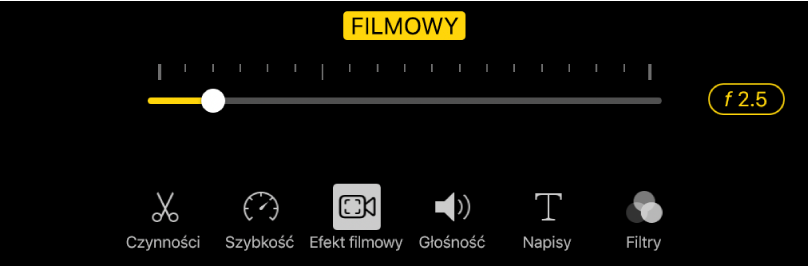 Suwak Głębia ostrości dostępny, gdy stukniesz w przycisk Efekt filmowy.