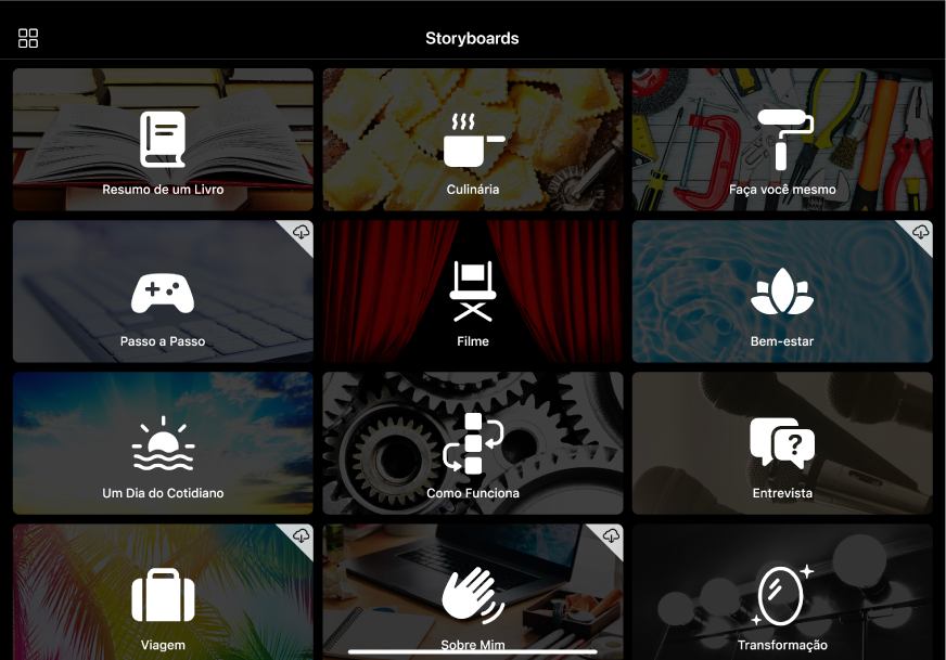 Opções de storyboard