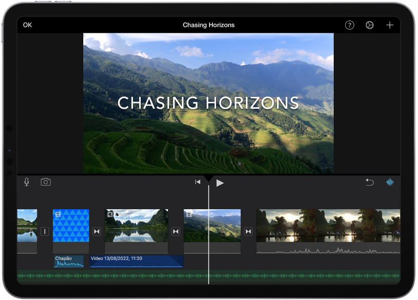 Um projeto de filme no iMovie num iPad.
