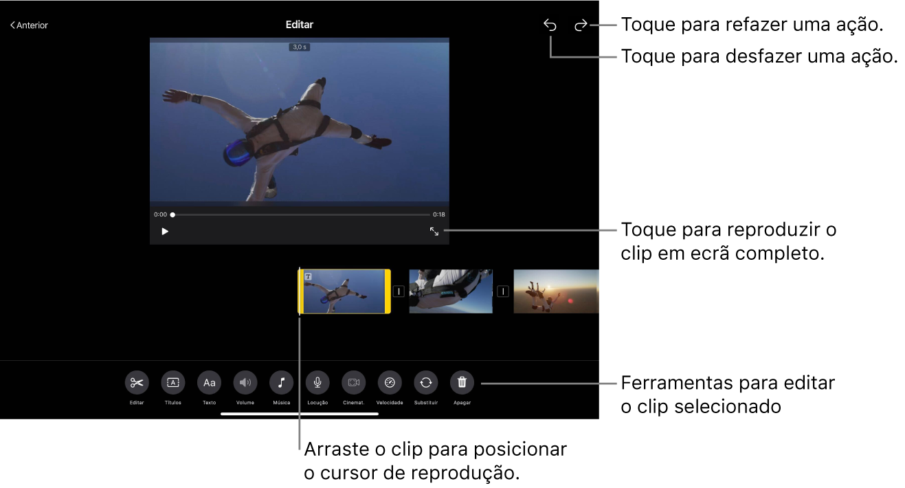 Um clip num projeto de filme mágico a ser editado, com o visualizador a mostrar uma pré-visualização do clip. Na parte inferior do ecrã estão botões para editar o clip.