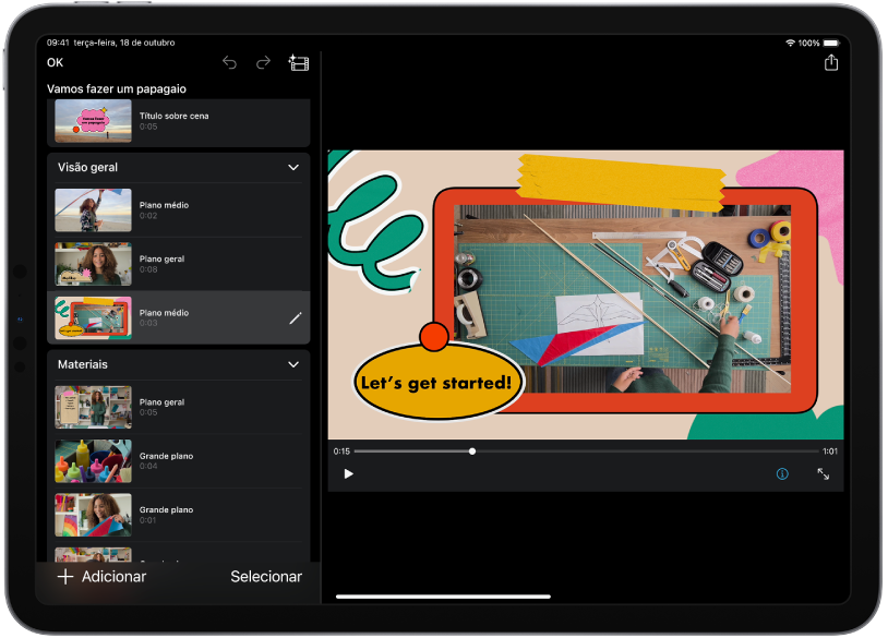 Um projeto de Storyboard no iMovie num iPad.