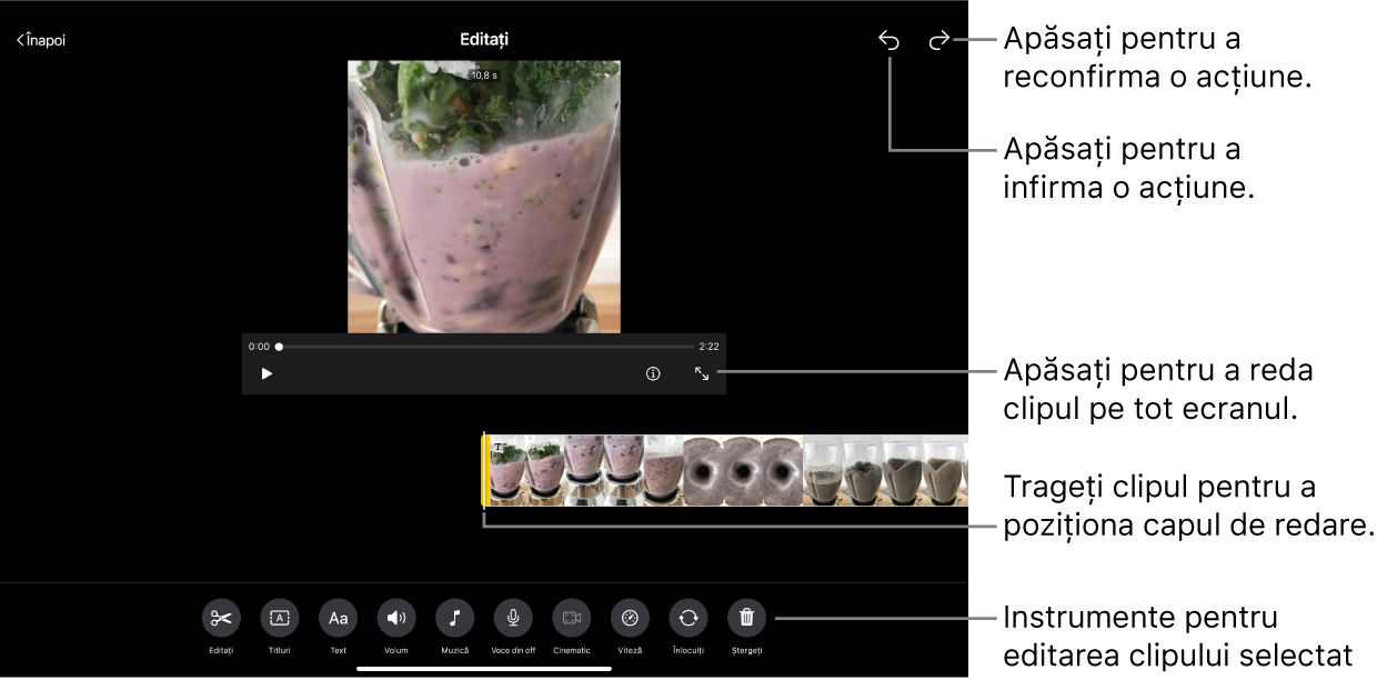Un clip dintr-un proiect storyboard este în curs de editare și vizualizatorul afișează o previzualizare a clipului. În partea de jos a ecranului se află butoanele pentru editarea clipului.