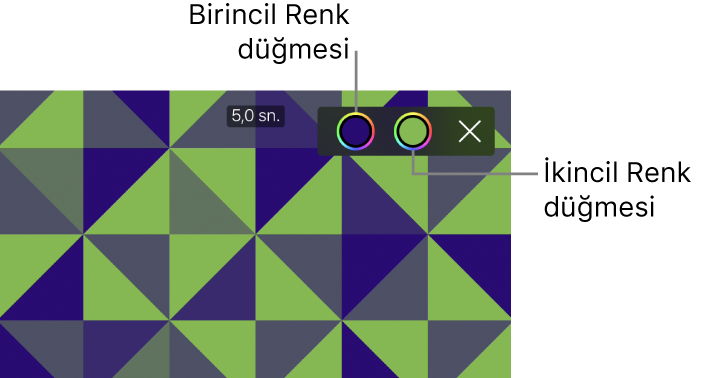 Yeşil ve mavi desenli arka planı ve sağ üstte birincil ve ikincil Renk düğmelerini gösteren görüntüleyici.