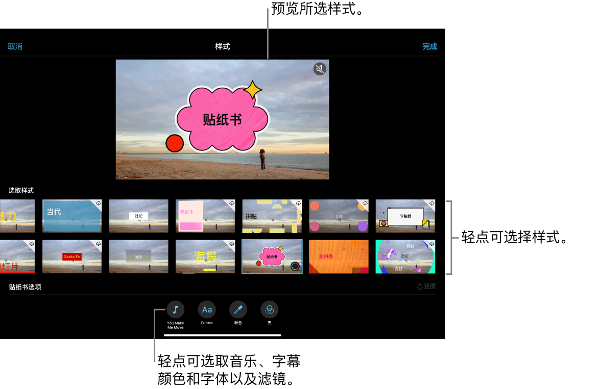 检视器显示所选样式的预览，其下方是样式选项。屏幕底部是添加音乐、选择字幕颜色和字体以及添加滤镜的按钮。