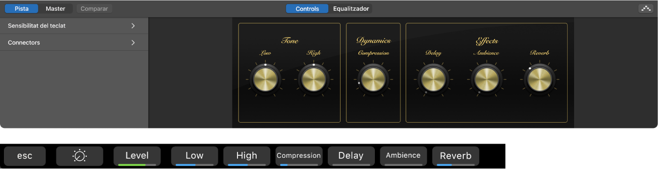 Figura. Smart Controls d’una pista d'instrument de programari i dreceres de la pantalla de Smart Controls dinàmica.