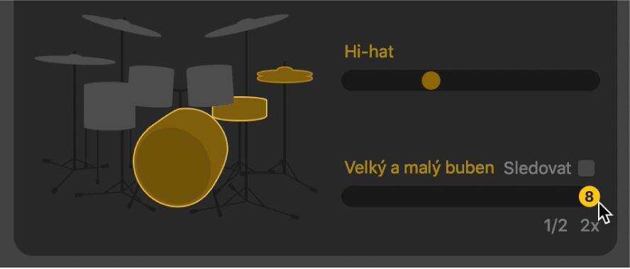 Editor Drummeru se zobrazením variací polovičního a dvojnásobného tempa