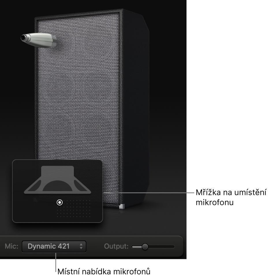 Sekce reproboxu v Bass Amp Designeru s nabídkou Mic a mřížkou umístění mikrofonu