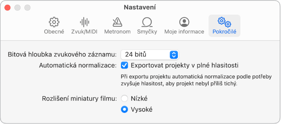 Panel nastavení Pokročilé