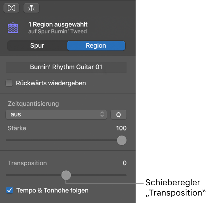 Informationsfenster „Audio-Editor“ im Regionsmodus mit dem Transpositionsregler