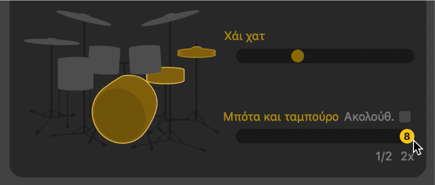 Πρόγραμμα επεξεργασίας Drummer όπου φαίνονται παραλλαγές μισού και διπλού χρόνου.
