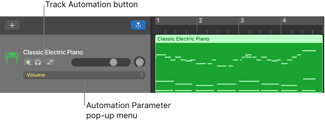 Showing the Track Automation button and the Automation Parameter pop-up menu in a track header.