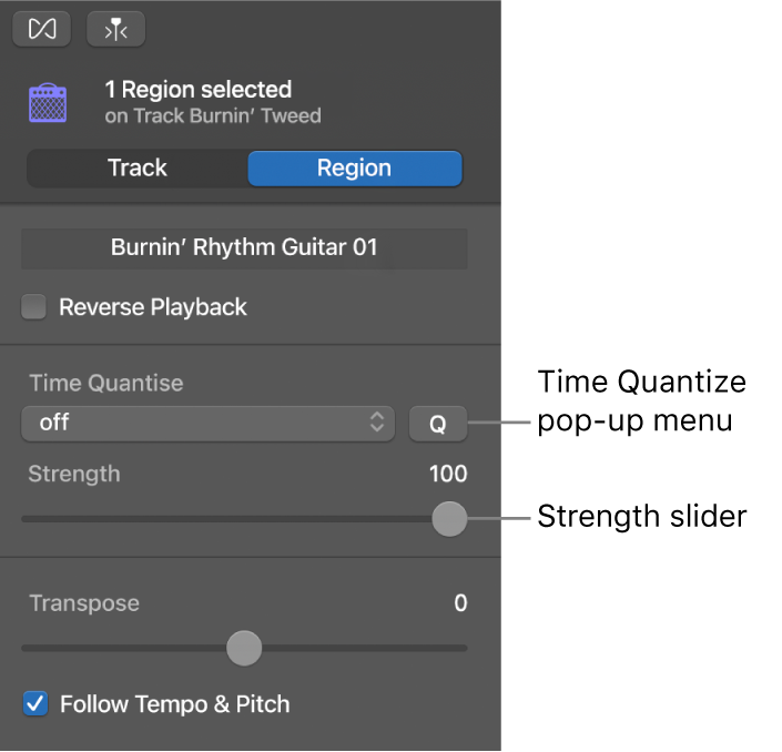 Audio Editor inspector, showing Time Quantise pop-up menu and Strength slider.