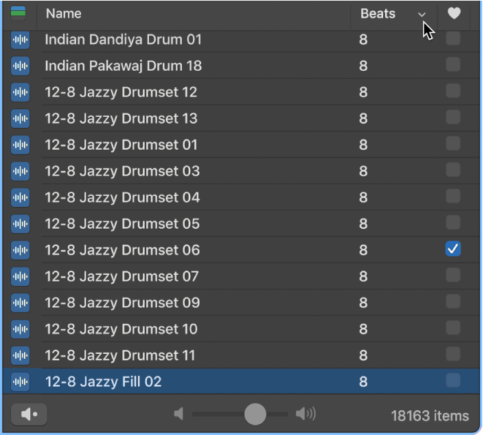 Pointing to the Beats column header in the Loop Browser.