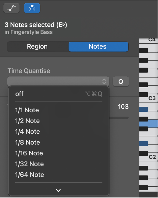 Choosing a value from the Time Quantize pop-up menu in the Piano Roll Editor inspector.