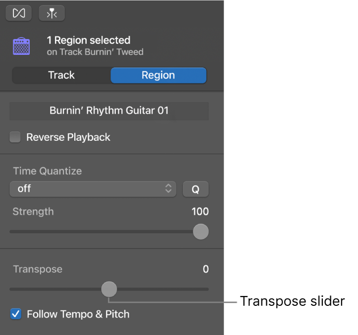 Audio Editor inspector in Region mode, showing Transpose slider.