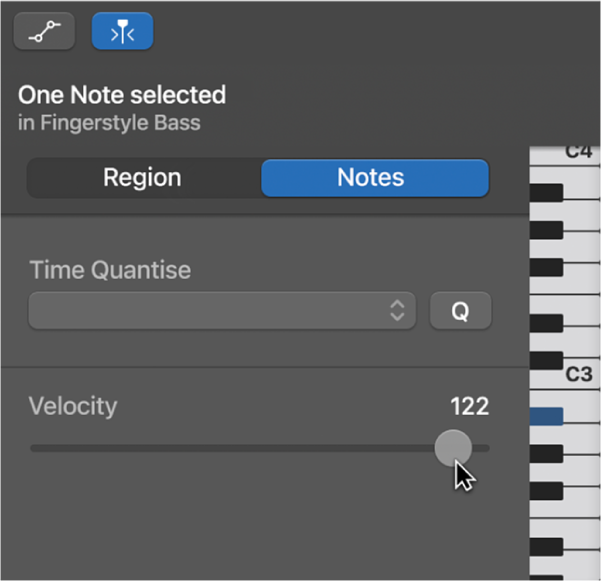 Editing note velocity in the Piano Roll Editor.