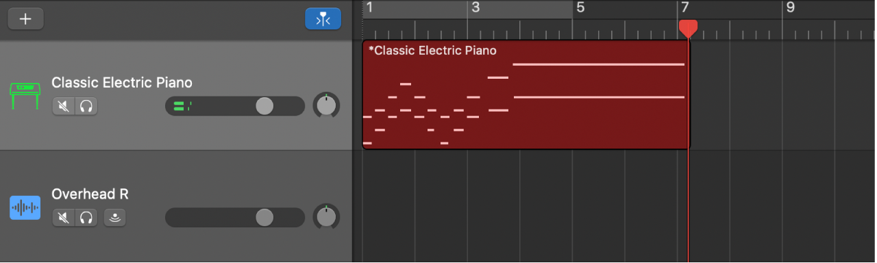 Showing a recorded MIDI region in red in the Tracks area.