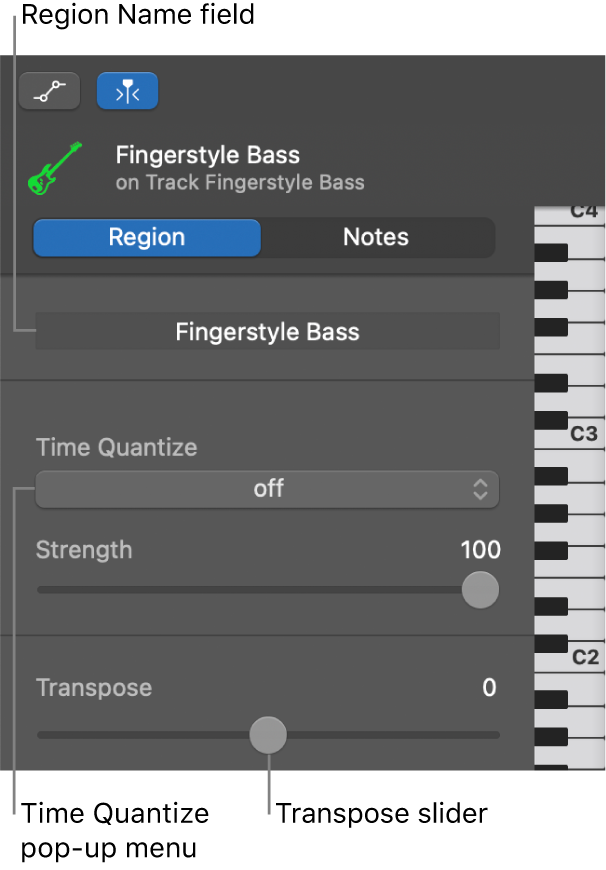 Piano Roll Editor inspector in Region mode, showing controls.