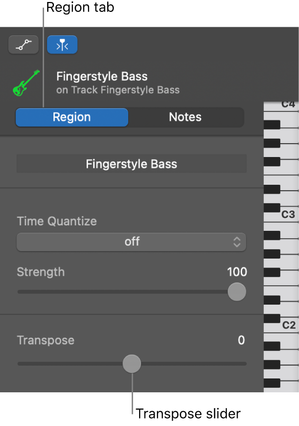 Piano Roll Editor inspector, showing Region button and Transpose slider.