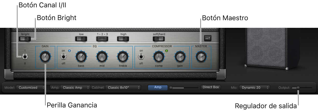 Controles de amplificador de Bass Amp Designer: conmutador Bright, botón Gain, conmutador Channel /III y botón Master.