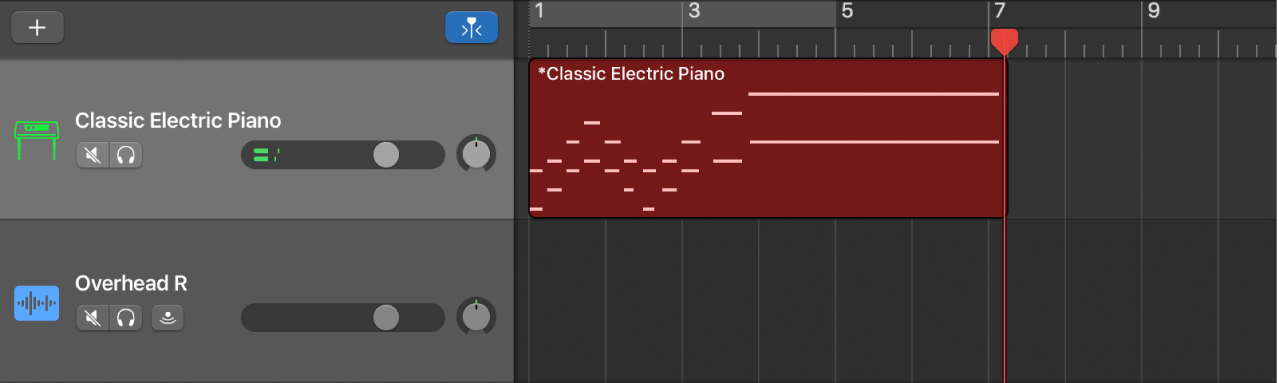 Se muestra un pasaje MIDI grabado en color rojo en el área Pistas.