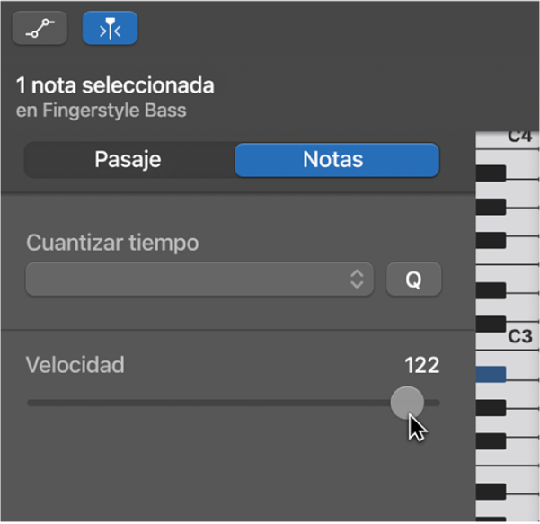 Edición de la velocidad de las notas en el editor de teclado.