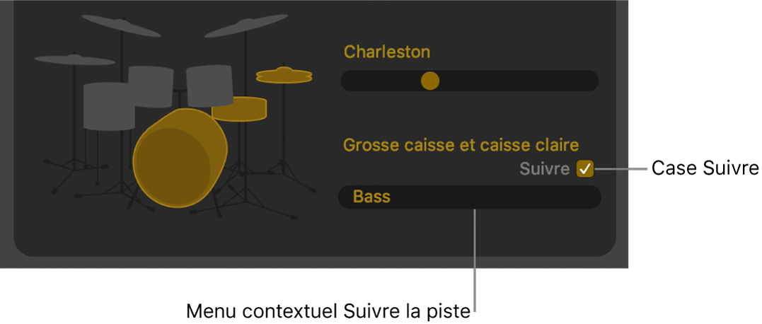 Case Suivre et menu contextuel Suivre la piste dans l’éditeur Drummer.
