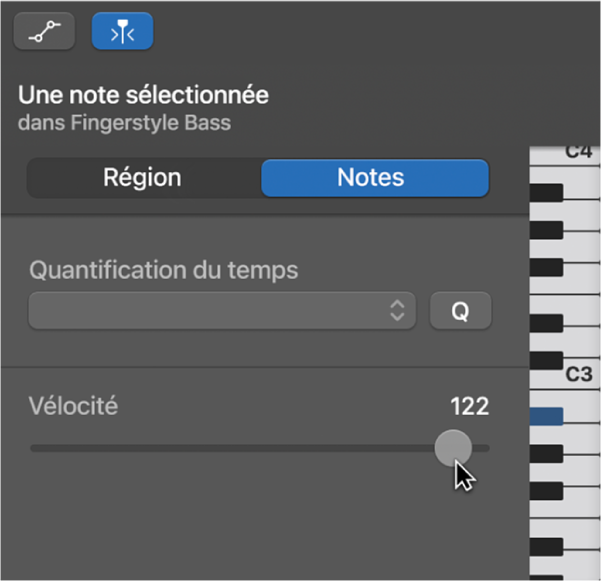Modification de la vélocité des notes dans l’éditeur de partition défilante.