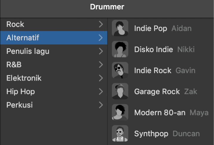 Memilih genre di Editor Drummer.