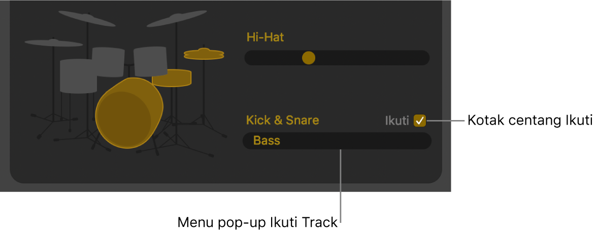 Editor Drummer yang menampilkan kotak centang Ikuti dan menu pop-up Ikuti Track.